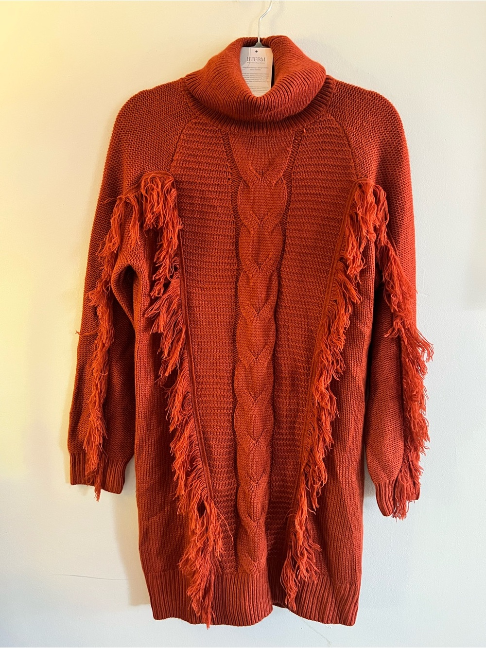 Fringed Cable-Knit Turtleneck Sweater Dress - Rust